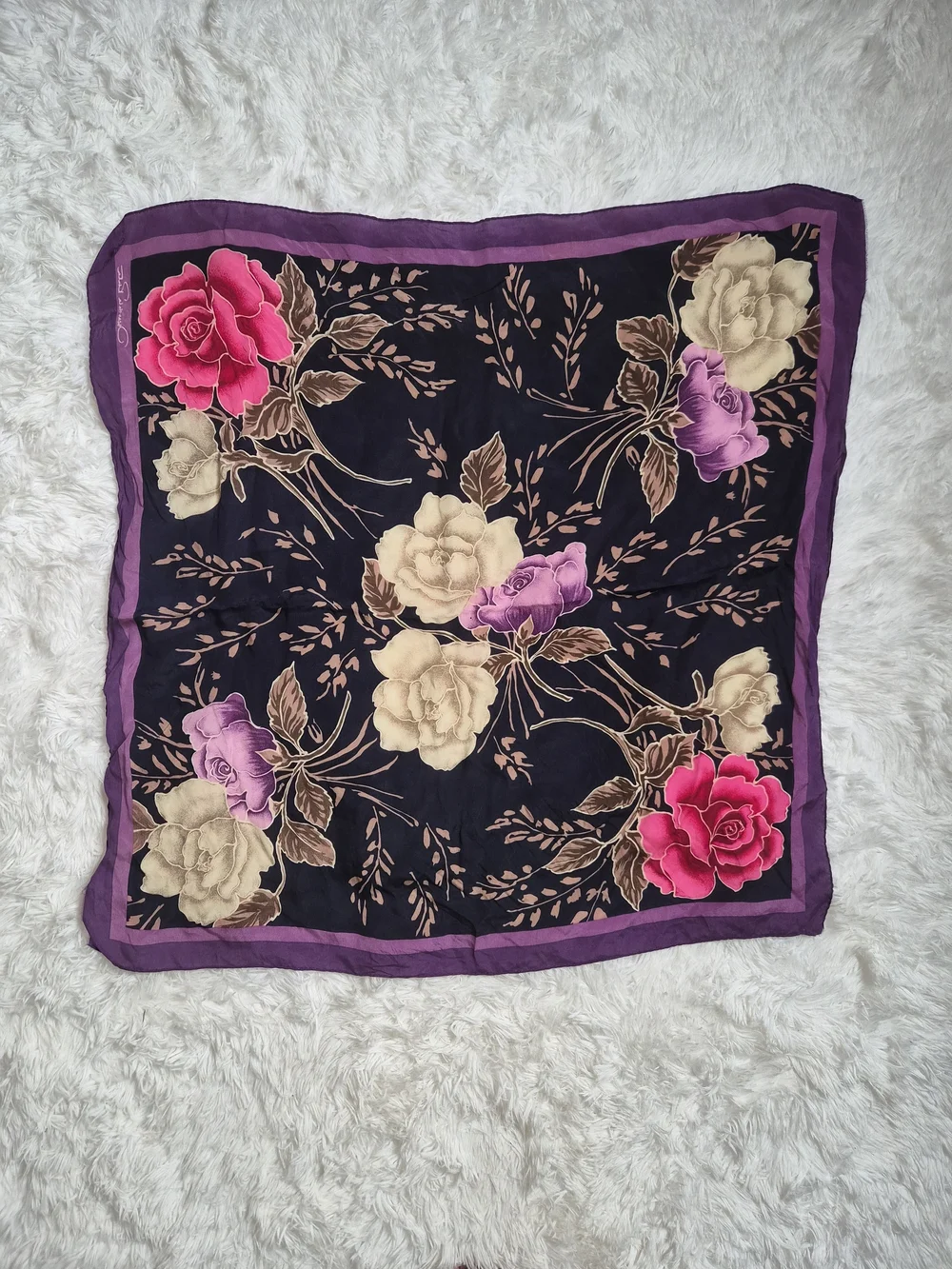 Womens Vintage Silk Scarf Oscar De La Renta Designer Purple Black Floral Print ✨